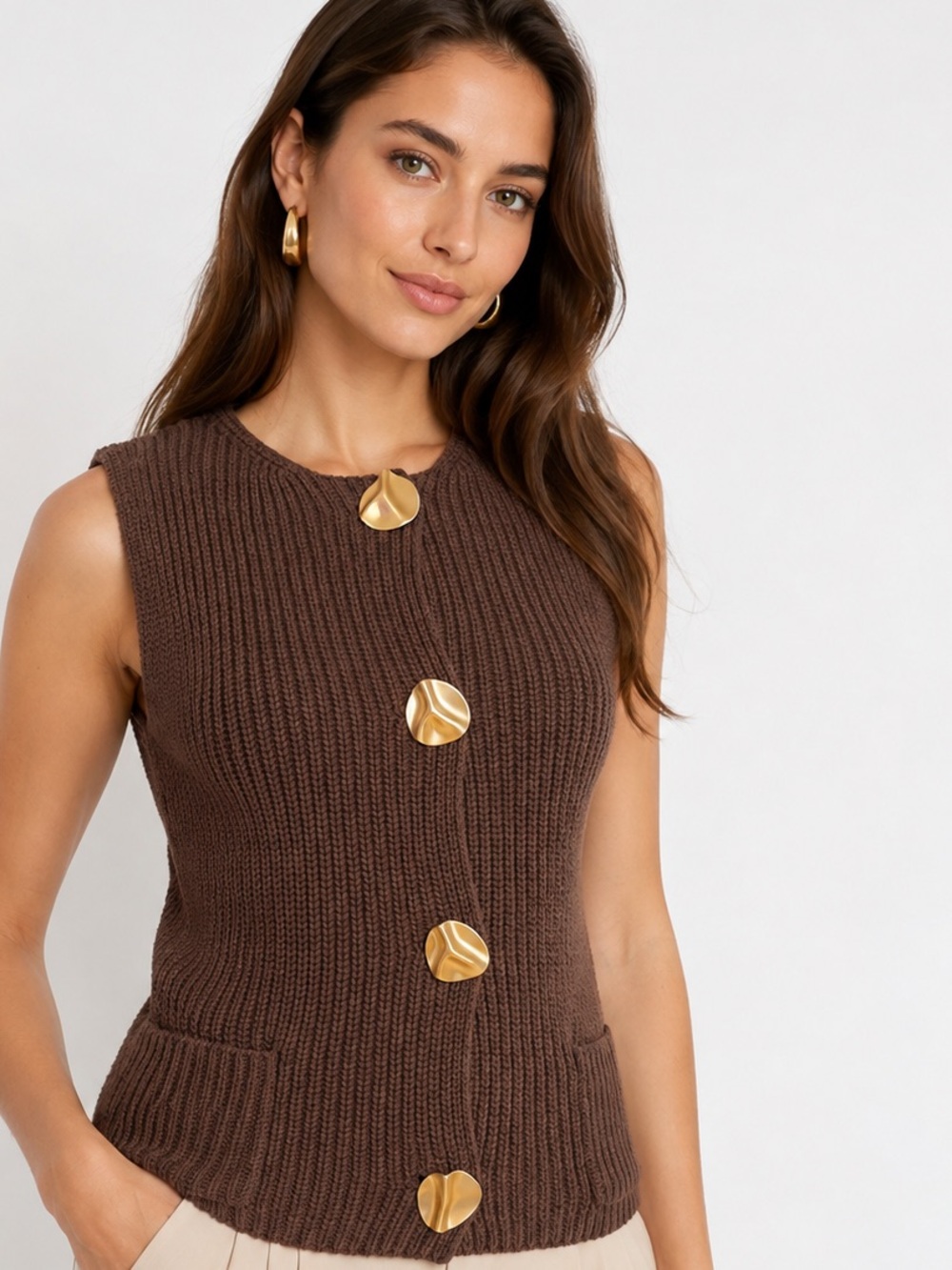 SOHO & STELLA New York Brown Knit Button Front Vest – Size M